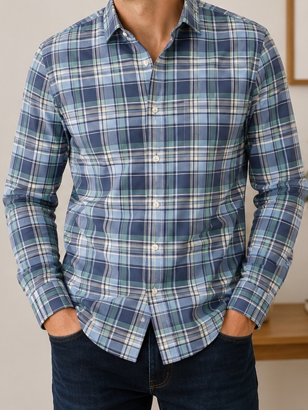 UNTUCKit Men’s Large Slim Fit Blue Green Plaid Button Down Shirt 100% Cotton